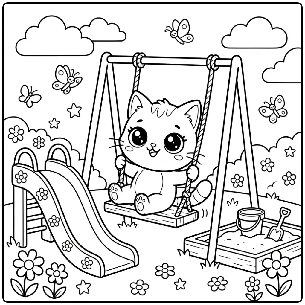 Vrolijke kawaii kleurplaat kitten op een schommel in het park.