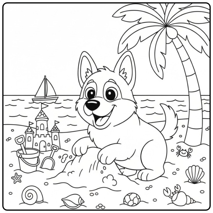 Een vrolijke kleurplaat duitse herder pup op het zonnige strand.