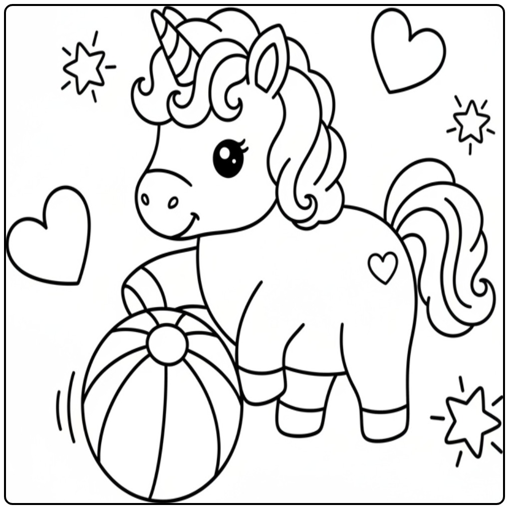 Een vrolijke kleurplaat eenhoorn schattig met een grote bal.