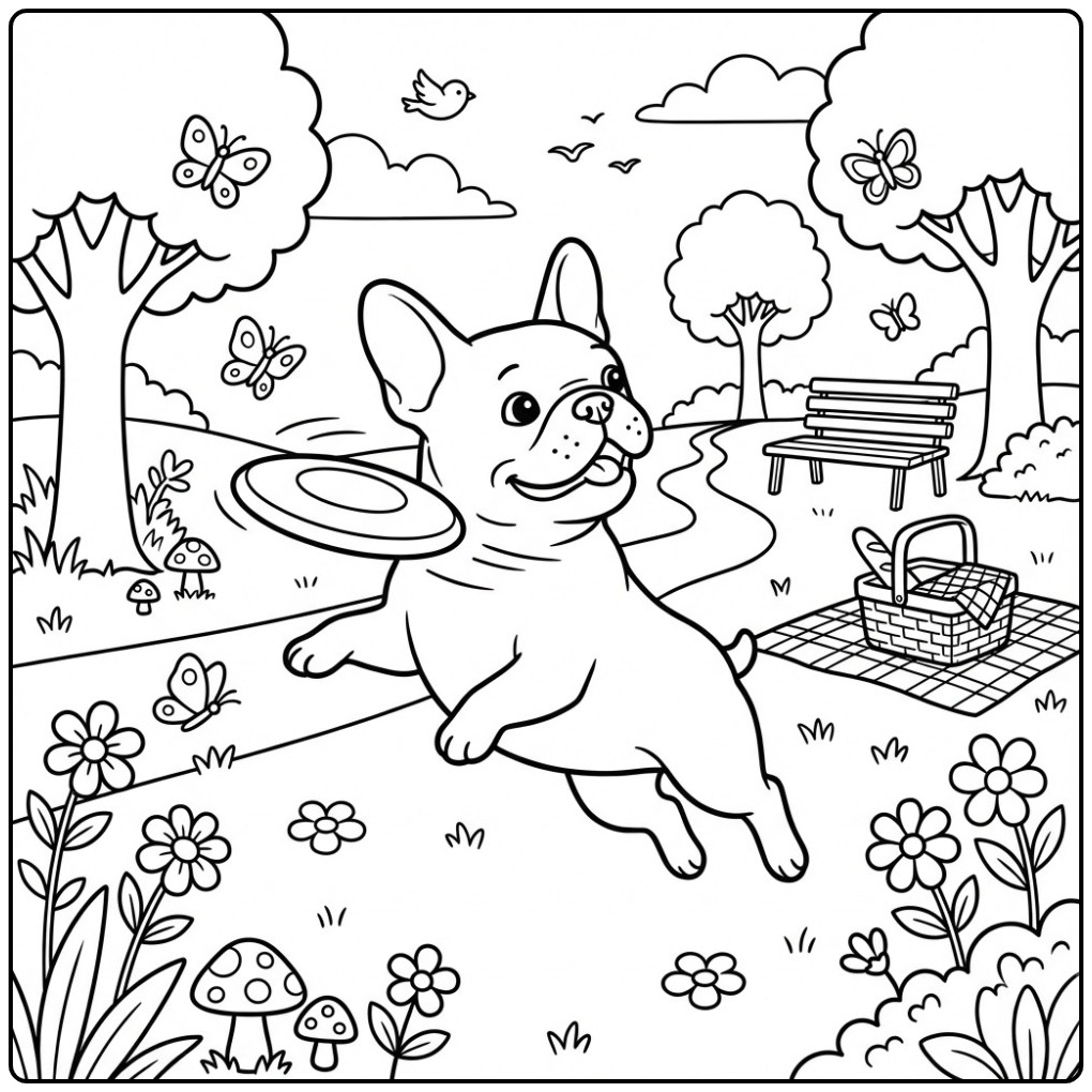 Leuke kleurplaat franse bulldog die een frisbee vangt in het park.