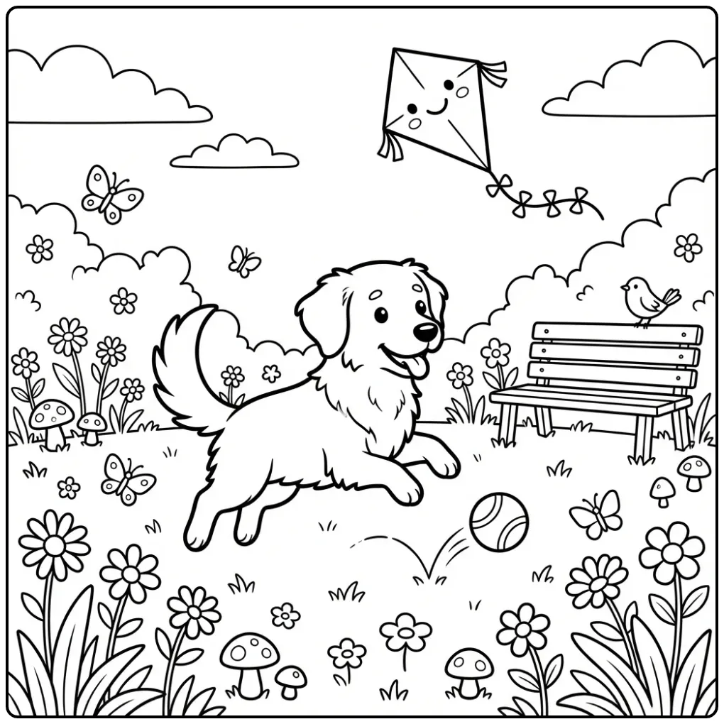 Vrolijke kleurplaat friese stabij rent achter een bal aan.