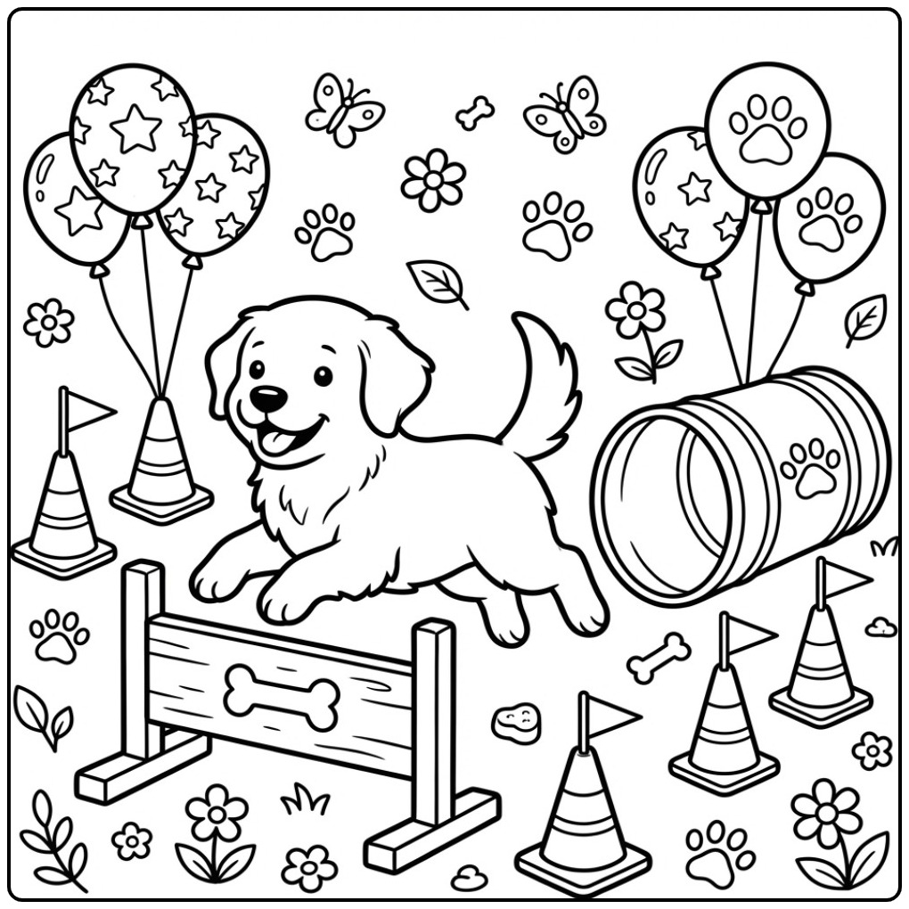 Vrolijke kleurplaat golden retriever op een behendigheidsparcours.