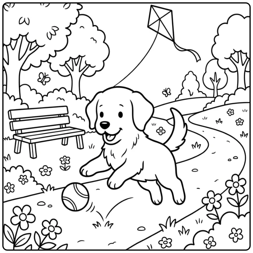 Vrolijke kleurplaat golden retriever puppy met bal in park.