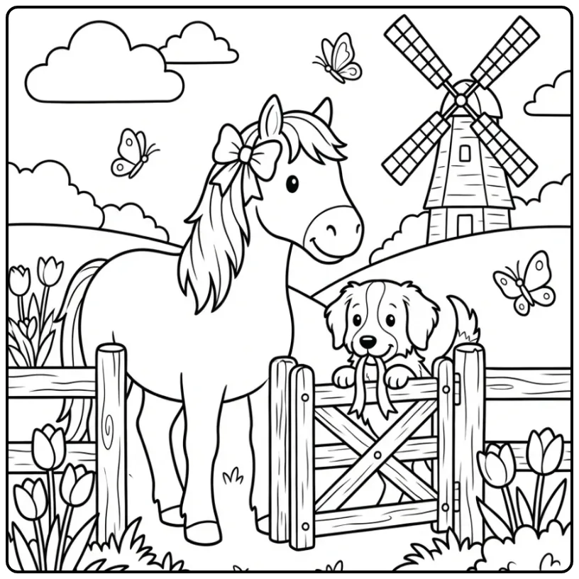 Een vrolijke kleurplaat hond en paard bij een boerderijhekje.