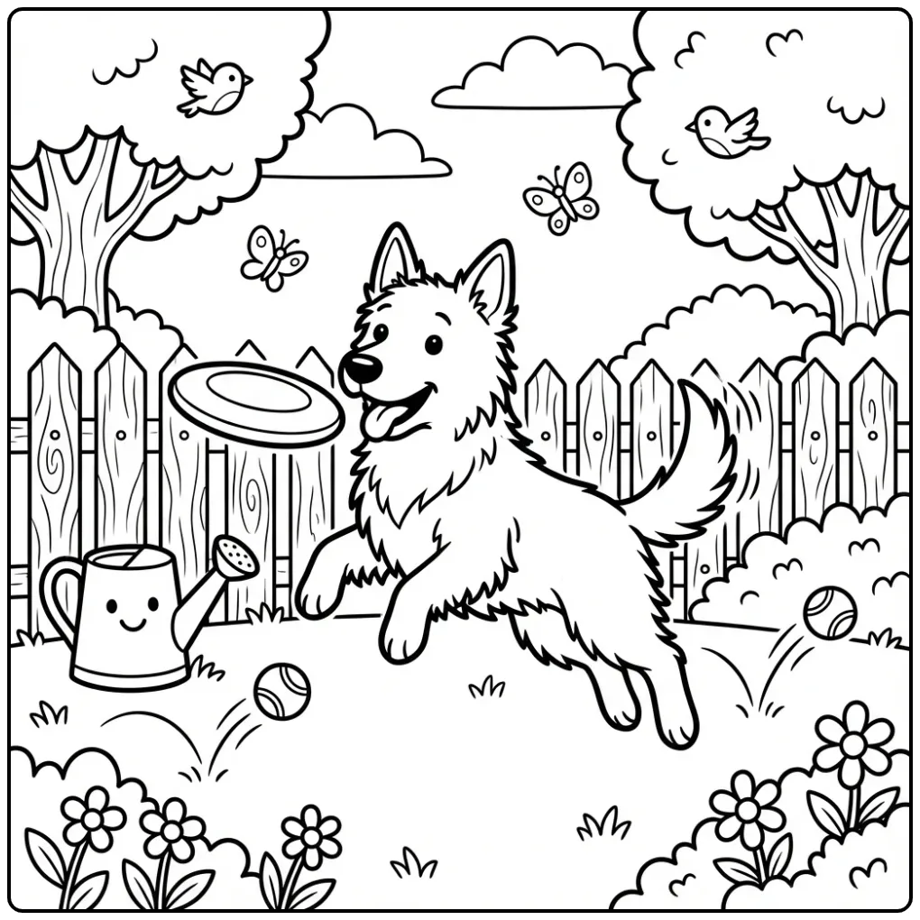 Een vrolijke kleurplaat hond makkelijk met een herder en frisbee.