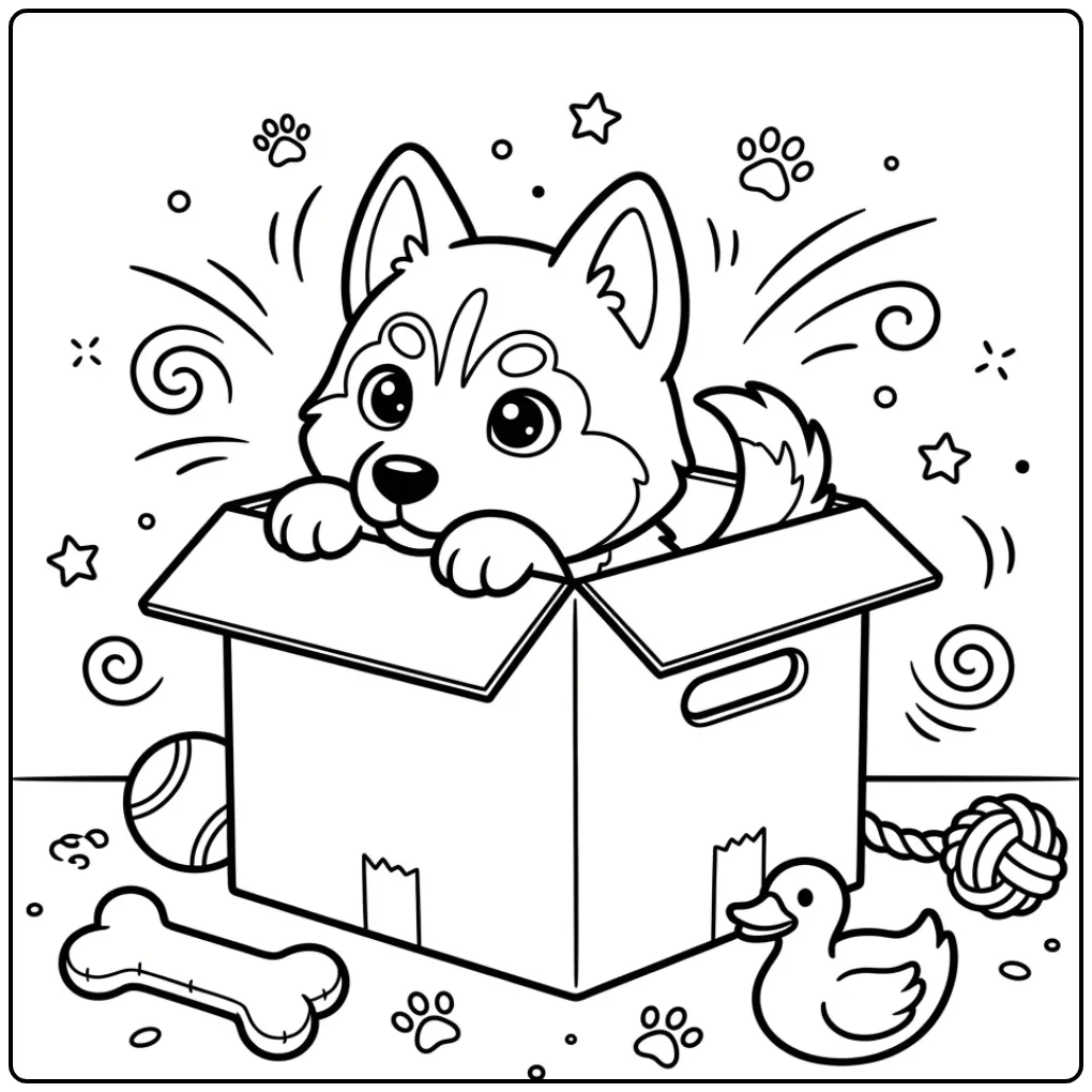 Een schattige kleurplaat husky puppy in een doos met speelgoed.