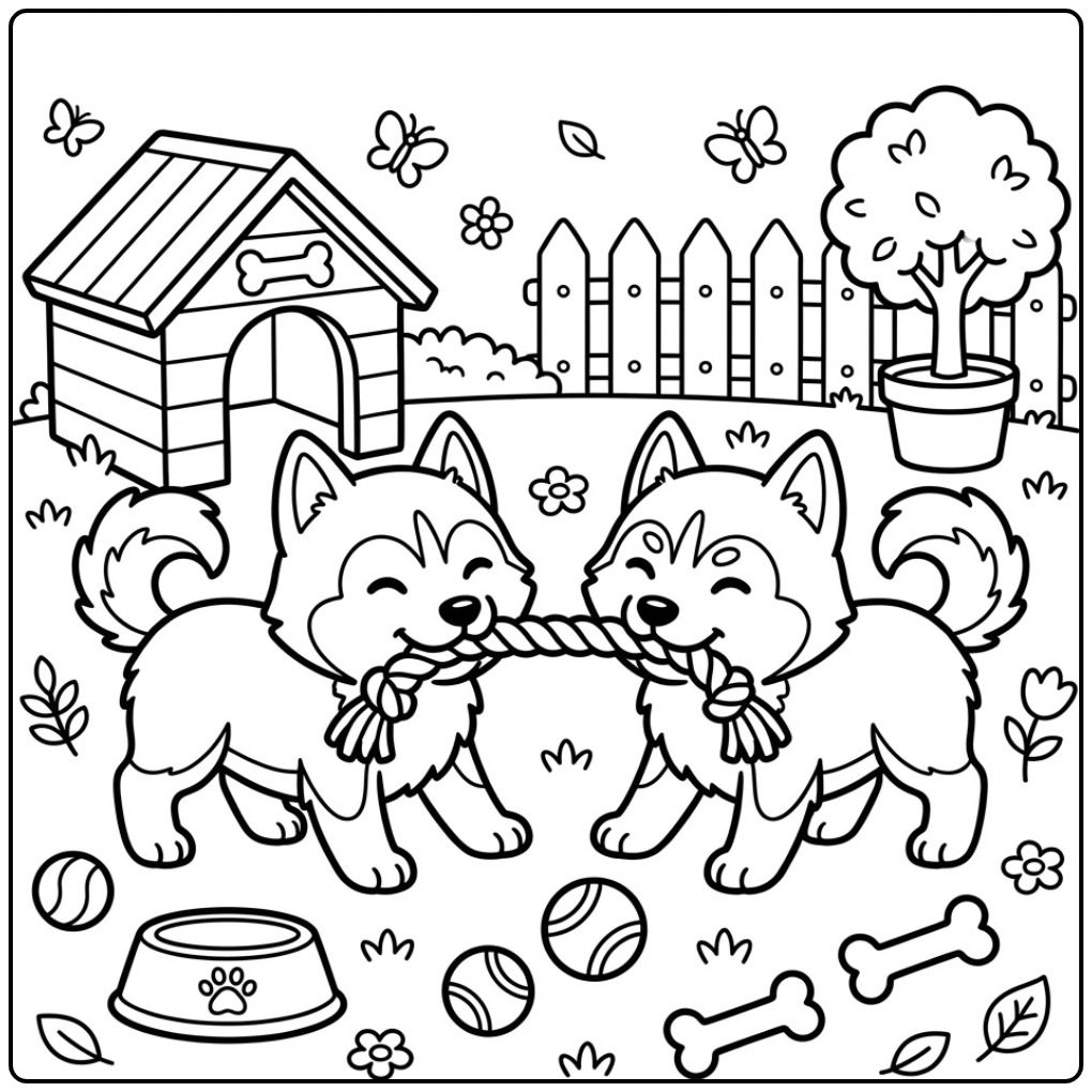 Vrolijke kleurplaat husky met twee pups die touwtrekken.