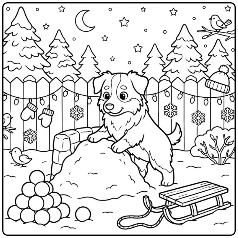 Leuke kleurplaat kerst hond bouwt een fort in de sneeuw.