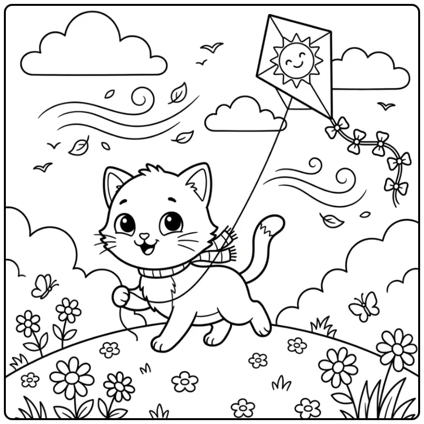Vrolijke kleurplaat kitten die een vlieger oplaat op een heuvel