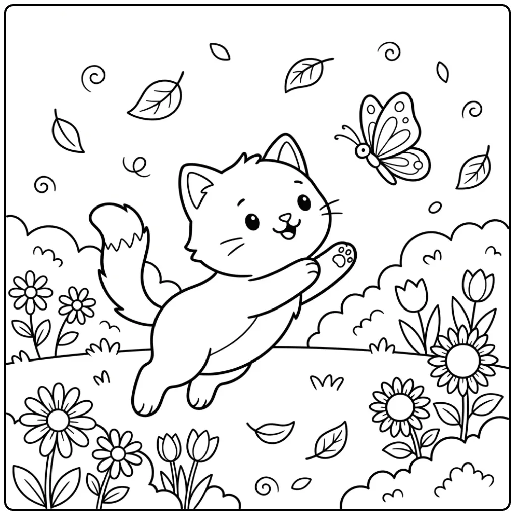 Vrolijke kleurplaat kitten jaagt op een vlinder tussen bloemen.