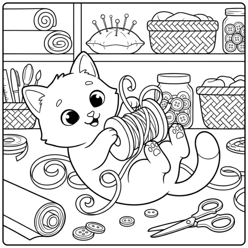 Gedetailleerde kleurplaat kitten moeilijk met garen en linten.