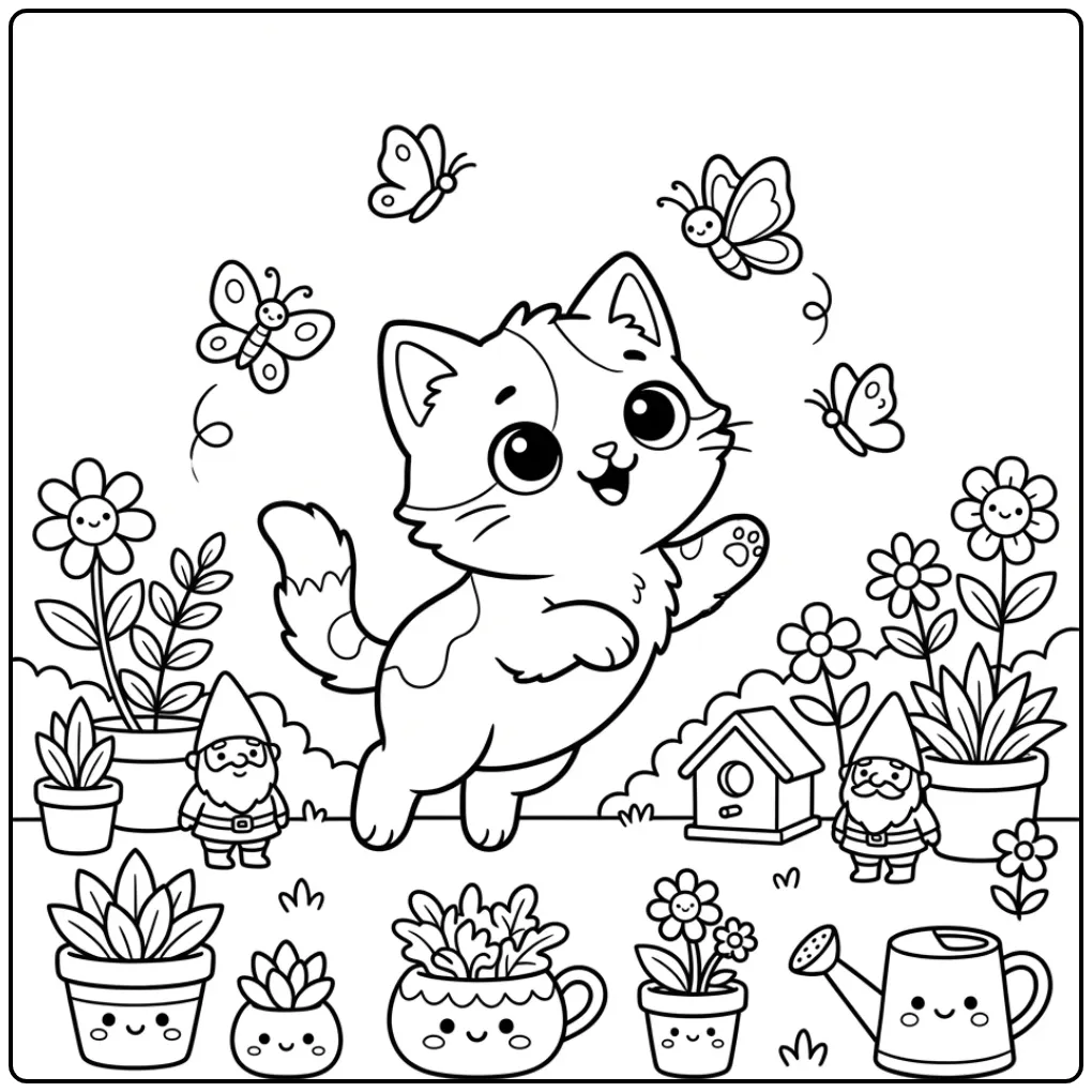 Vrolijke kleurplaat kitten schattig met vlinders en bloemen