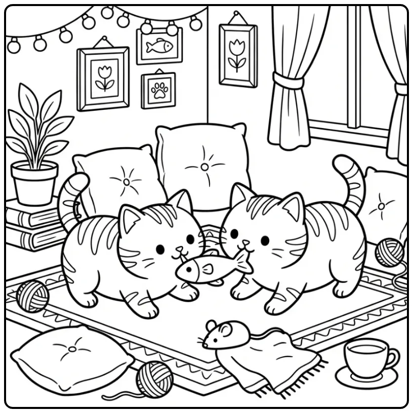 Kleurplaat kitten schattig met twee katjes en een visspeeltje.