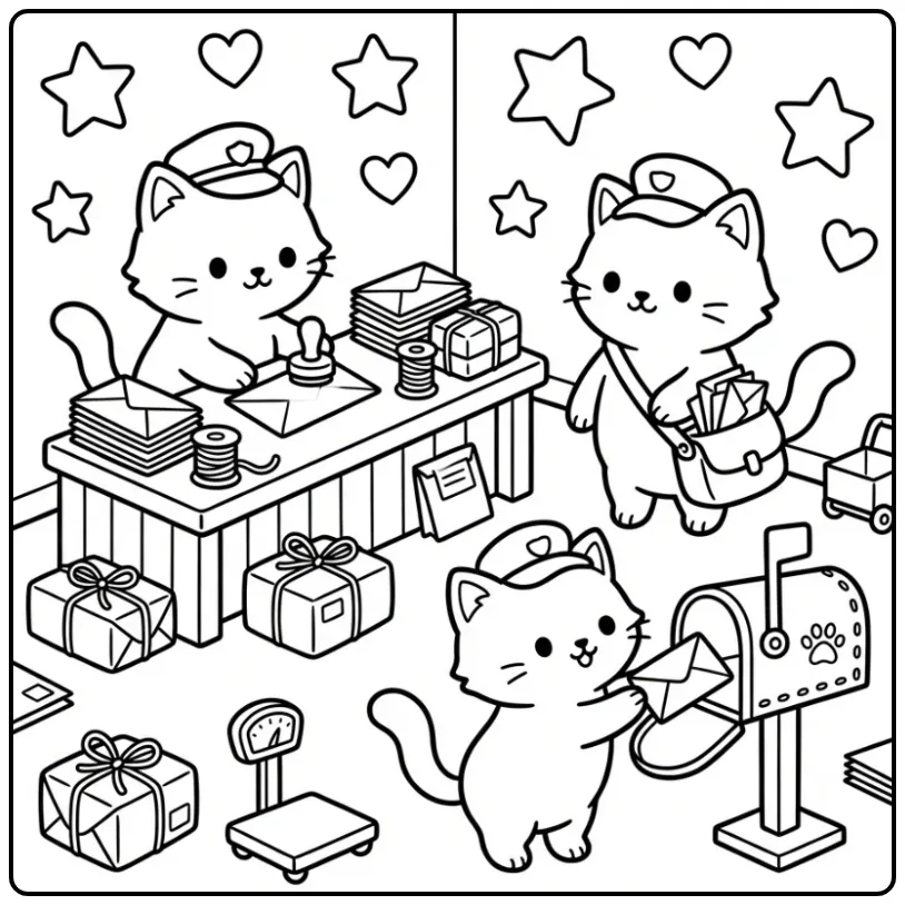 Kleurplaat kittens spelen postbode met brieven en pakketjes.