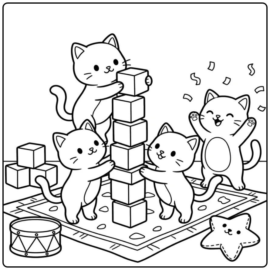 Kleurplaat kittens bouwen samen een hoge toren van blokken.