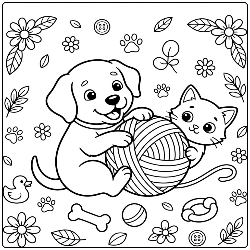 Leuke kleurplaat labrador puppy speelt samen met een klein katje.
