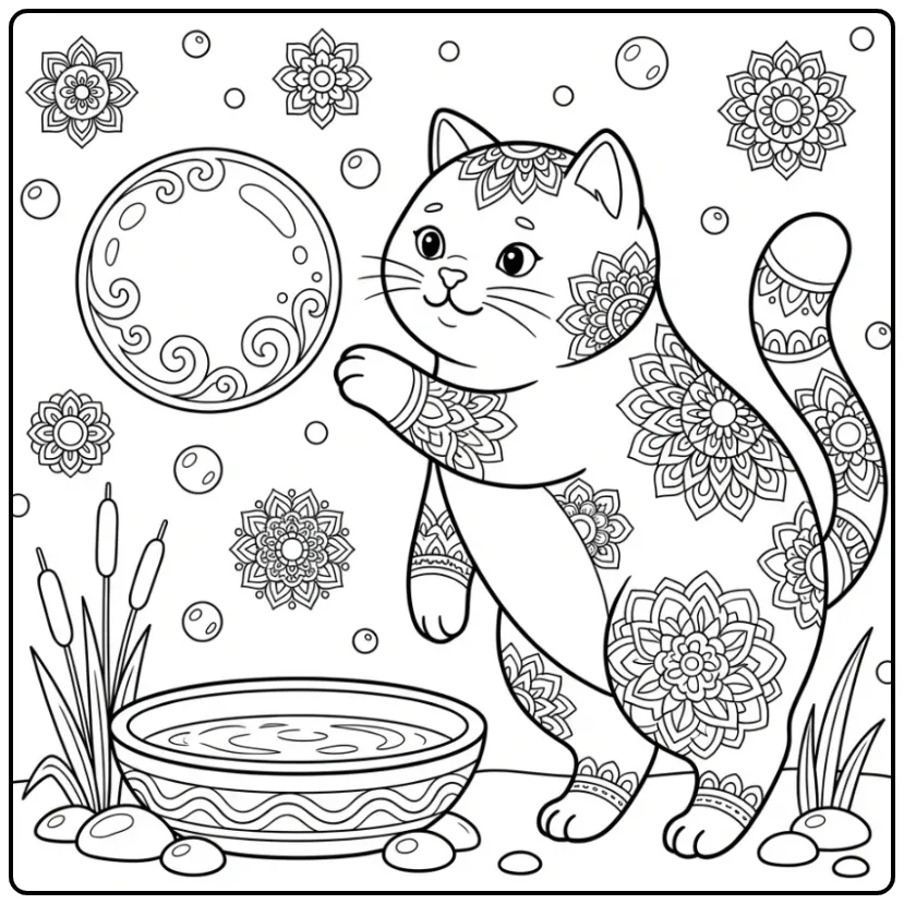 Een kleurplaat mandala kat die met een zeepbel speelt.