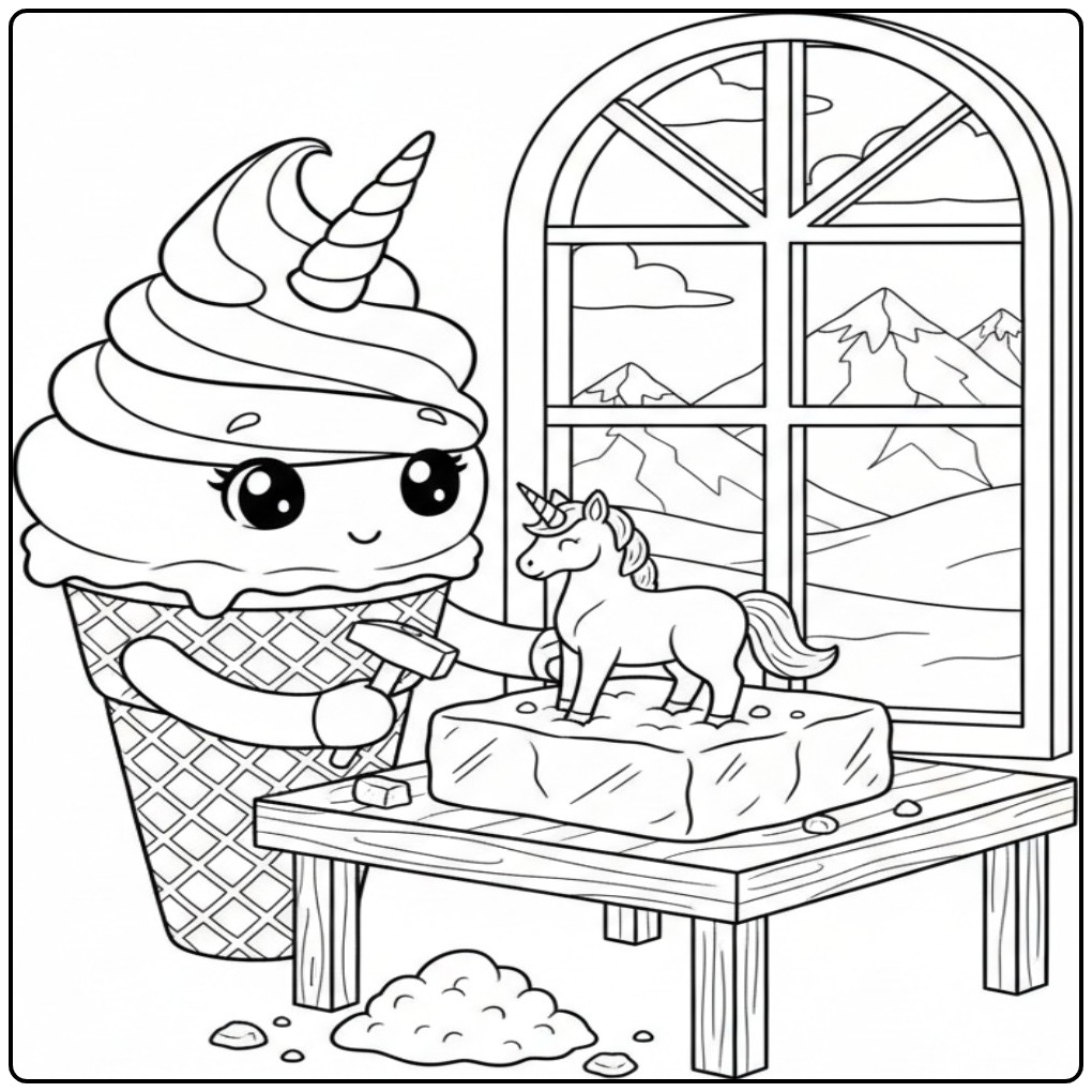 Kleurplaat unicorn ijsje: schattig ijsje beeldhouwt een eenhoorn.