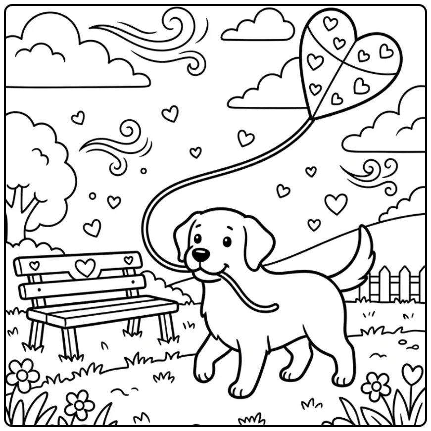 Leuke kleurplaat hond met hartjes en een vlieger in de lucht.