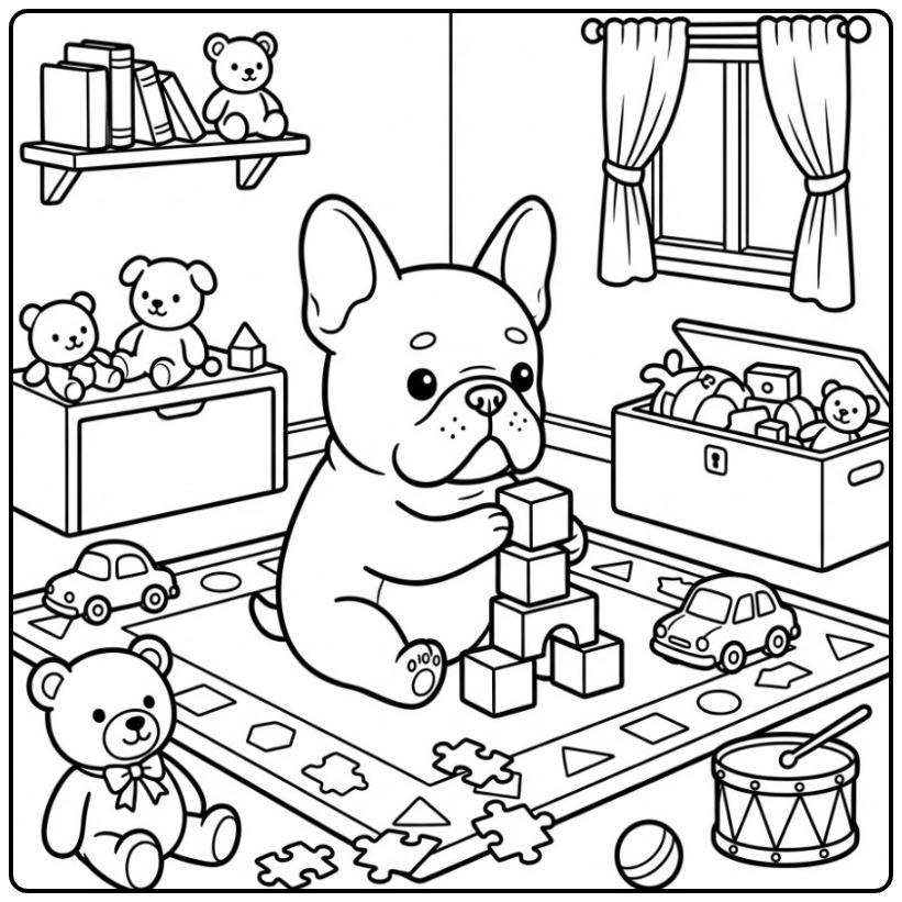 Een schattige kleurplaat franse bulldog in een speelkamer.