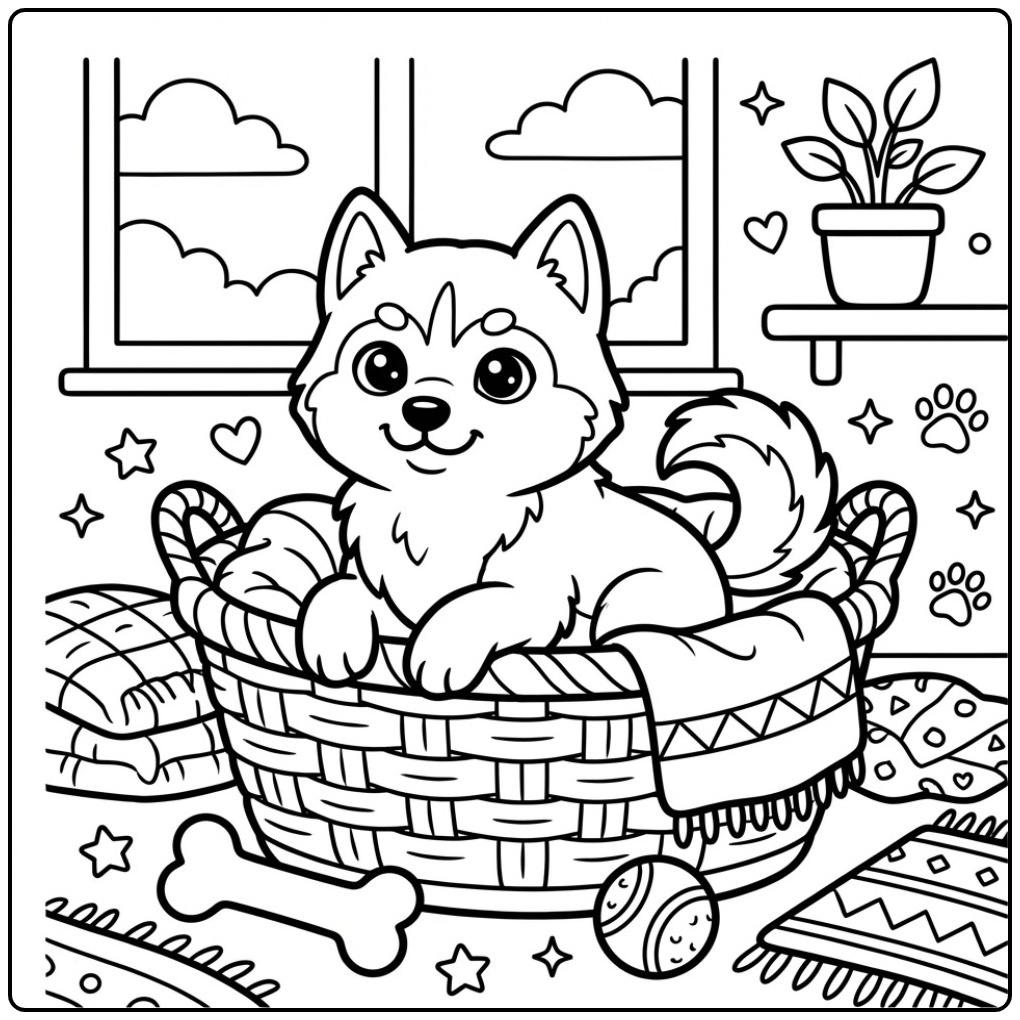 Een schattige kleurplaat husky pup in een mand met speelgoed.