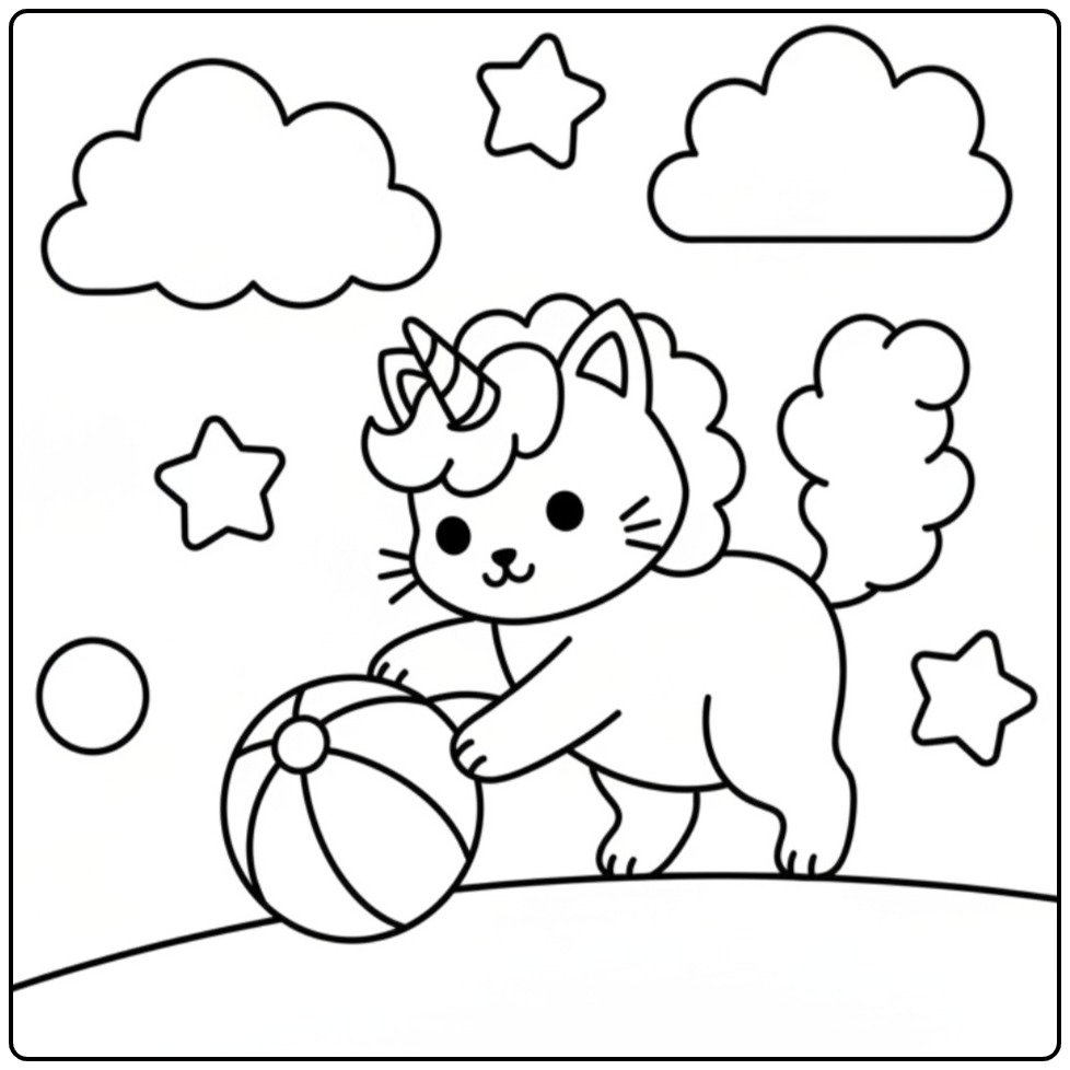 Een schattige unicorn kat kleurplaat met een bal en sterren.