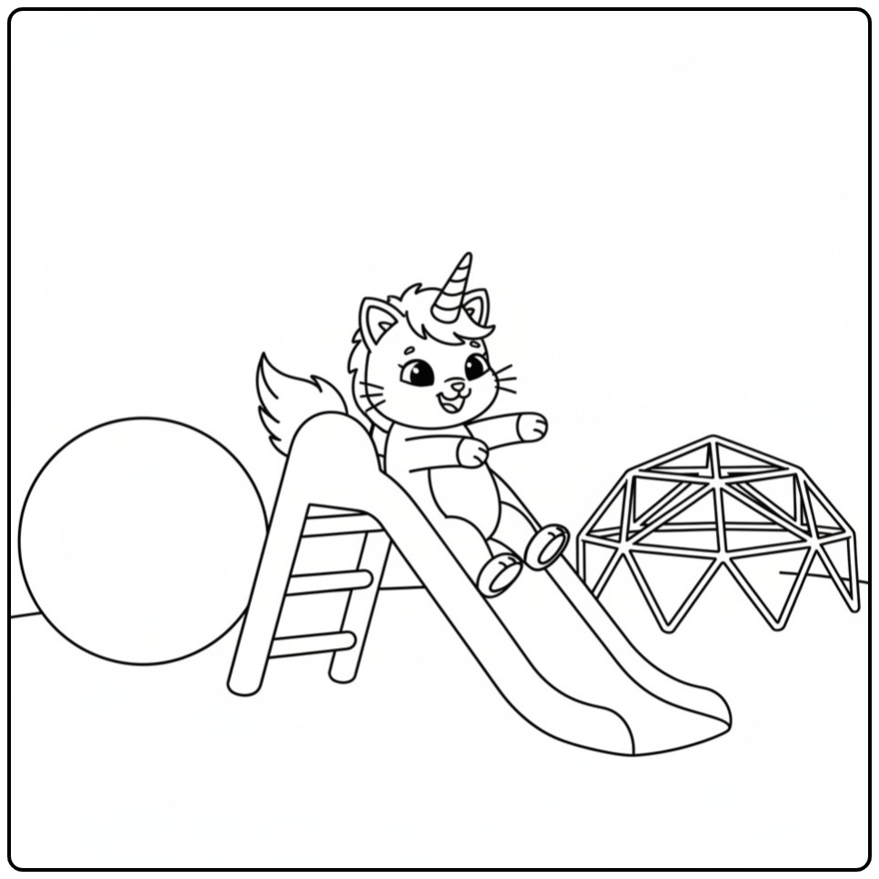 Een blije unicorn kat kleurplaat die van een glijbaan glijdt.