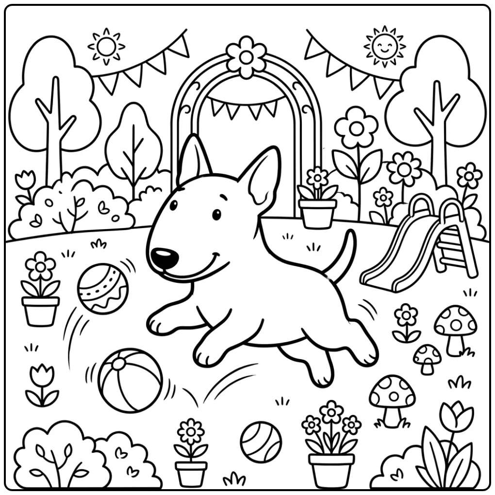 Vrolijke Bull Terrier met bal op kleurplaat hond schattig.