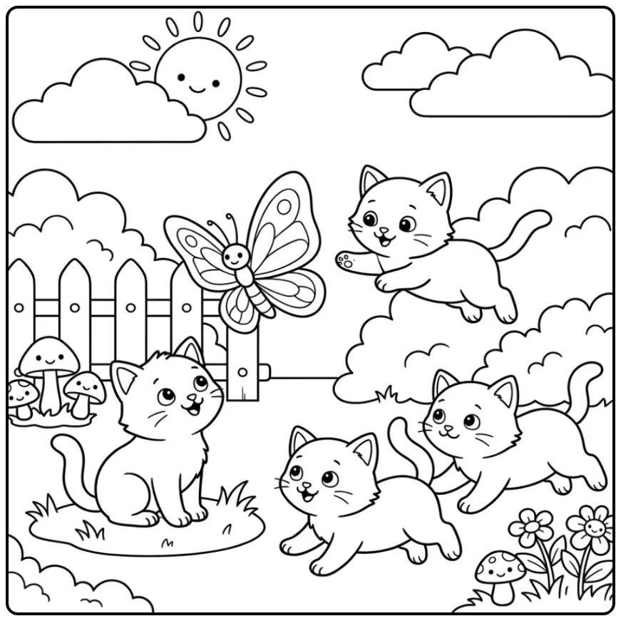 Vier katjes in tuin kleurplaat kitten moeilijk voor kids