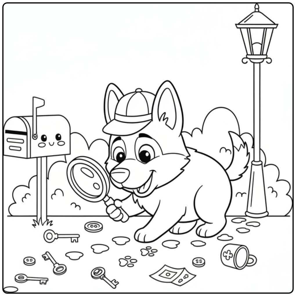 Detective pup kleurplaat duitse herder zoekt naar sporen.