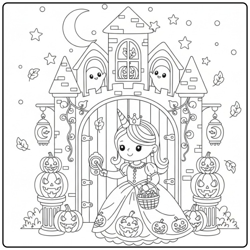 Schattige Halloween prinses eenhoorn kleurplaat voor een kasteel.