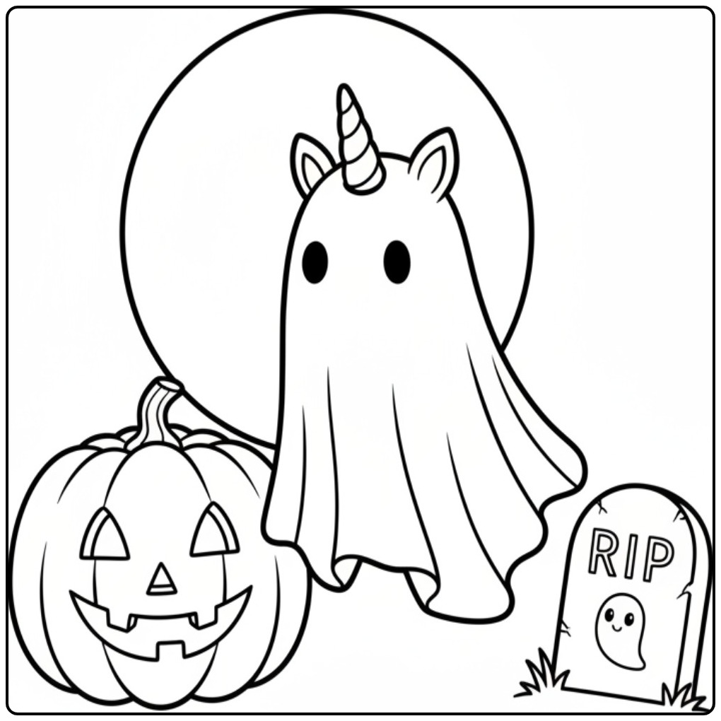 Een schattige unicorn halloween kleurplaat met een pompoen.