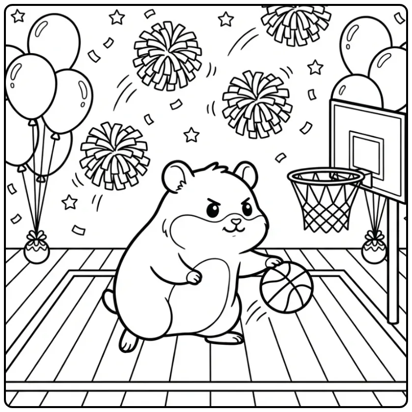 Actieve kleurplaat hamster speelt basketbal.