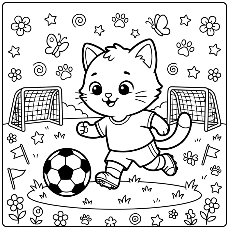 Schattige kleurplaat kitten trapt tegen een voetbal.