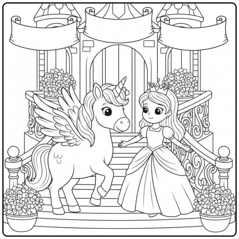 Mooie Kleurplaat eenhoorn met vleugels en prinses bij kasteel.