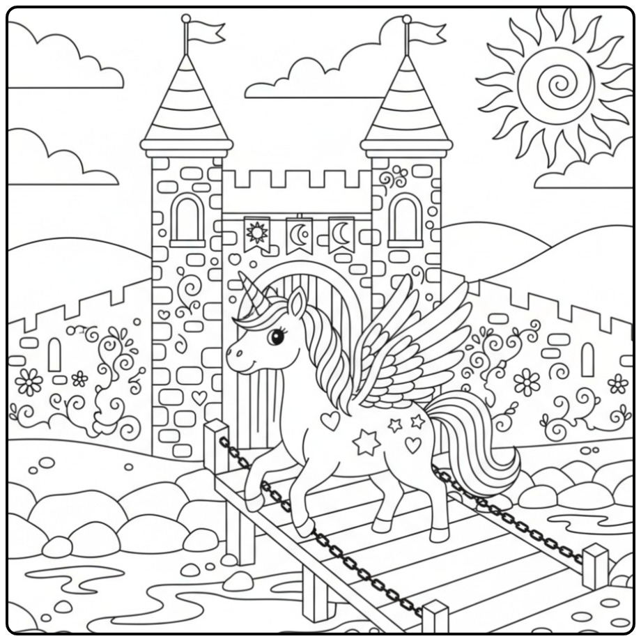 Simpele Kleurplaat eenhoorn met vleugels en kasteel op brug.