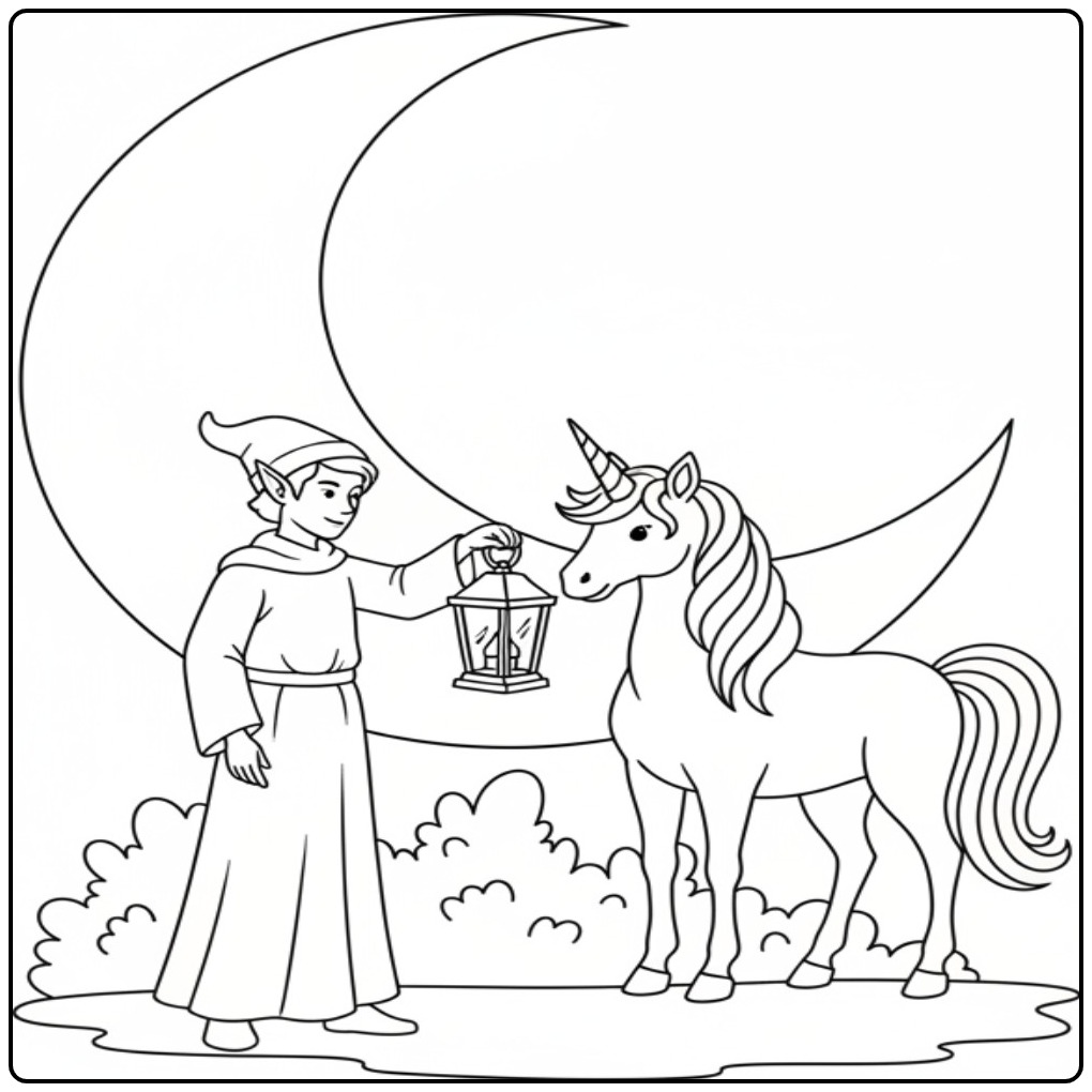Een magische kleurplaat elfje en eenhoorn met een lantaarn.