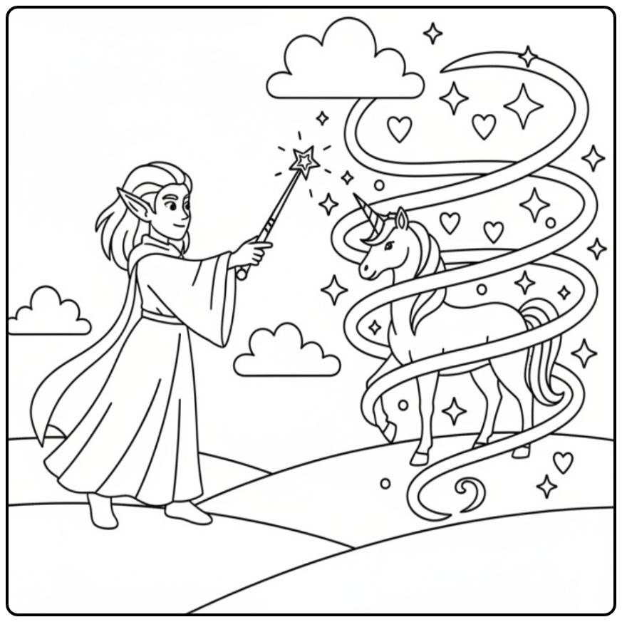 Een magische kleurplaat elfje en eenhoorn met een toverstaf.