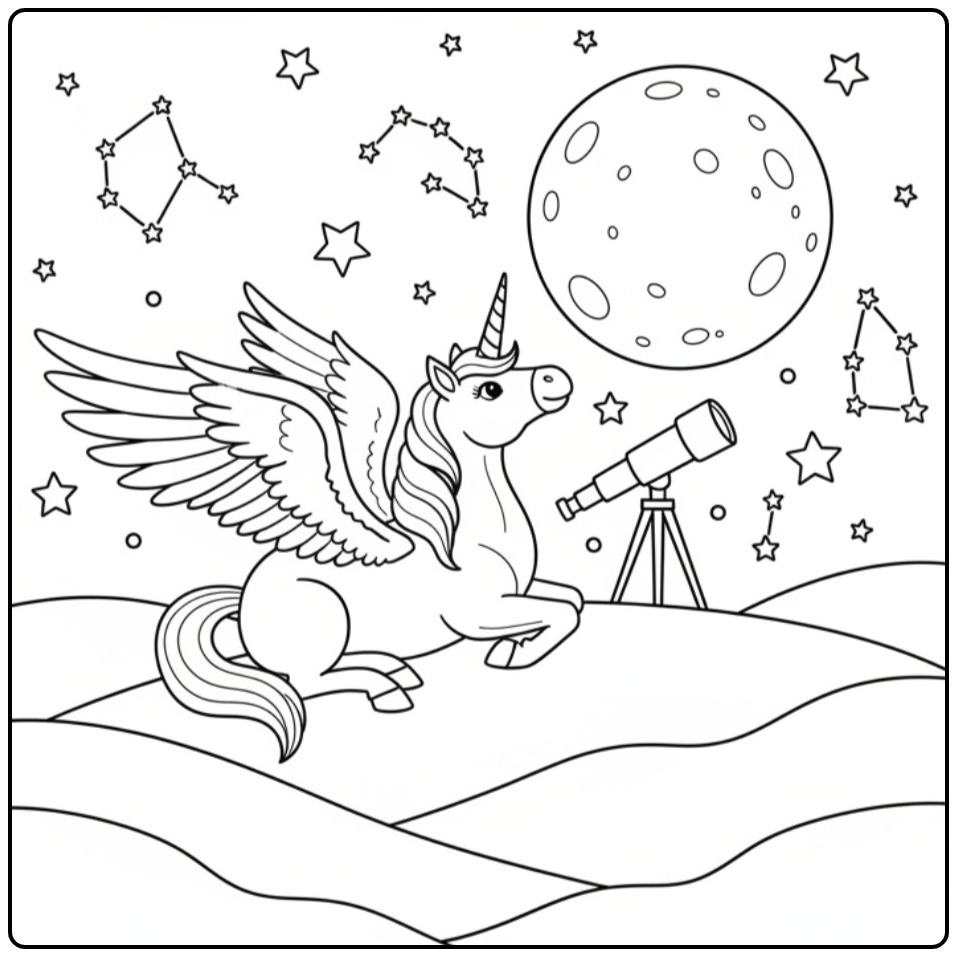 Een magische kleurplaat eenhoorn met vleugels en telescoop.