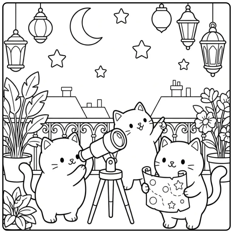 Kleurplaat schattige katjes kijken naar sterren met telescoop