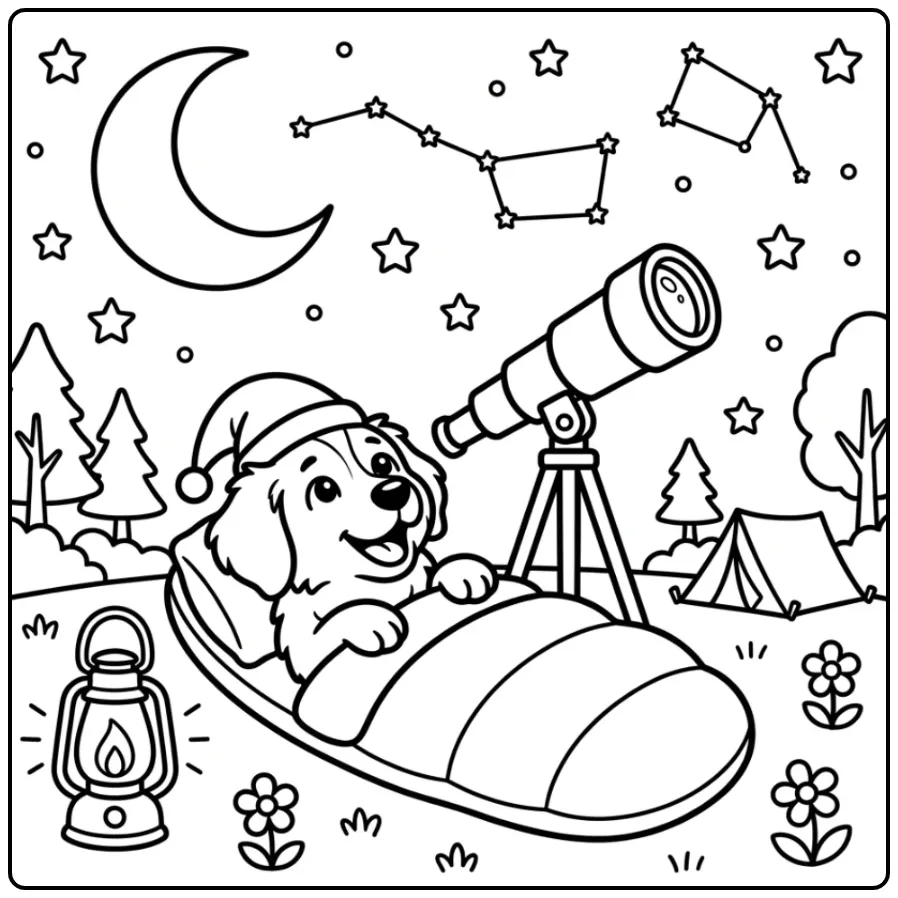Schattige kleurplaat friese stabij in slaapzak onder de sterren.