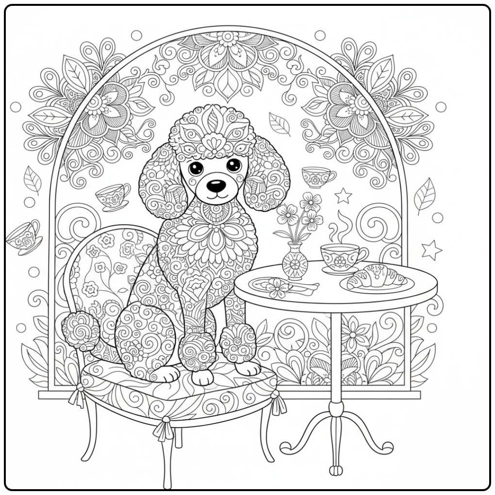 Elegante poedel in een café op een kleurplaat mandala hond.