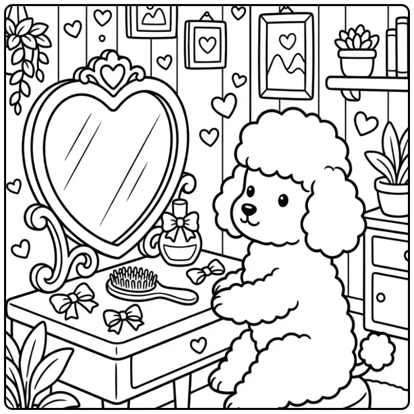 Een schattige poedel op een kleurplaat hond met hartjes en strikjes.