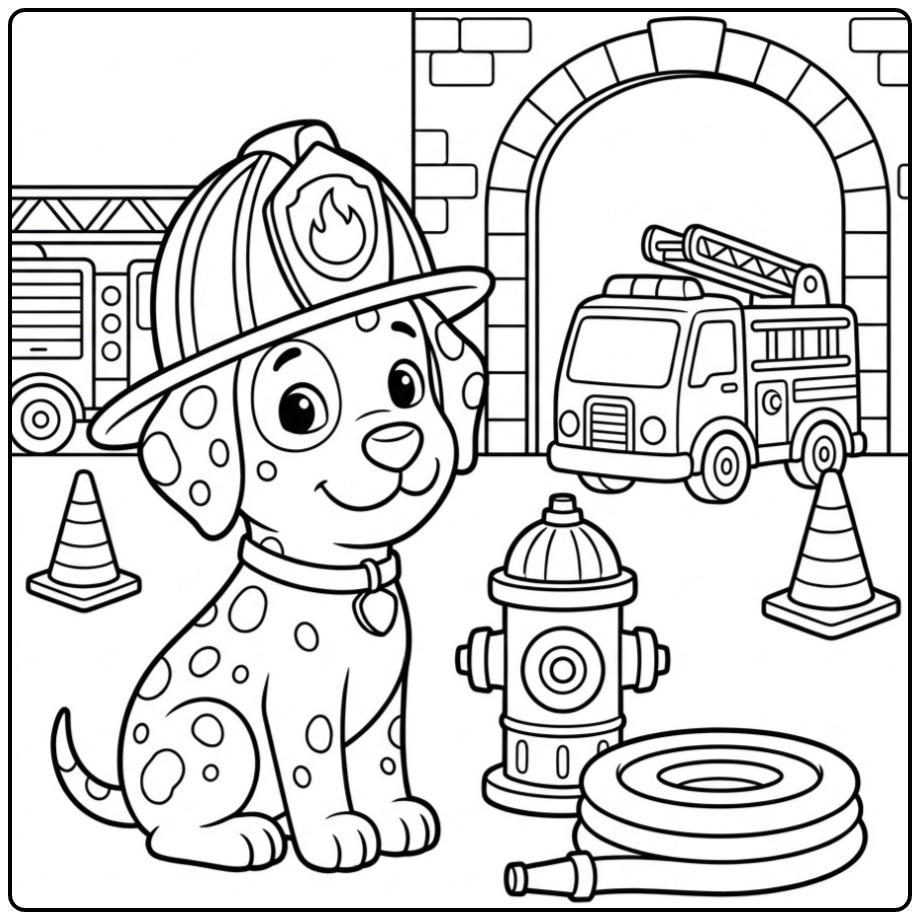 Een schattige kleurplaat dalmatier als brandweerhond met helm.