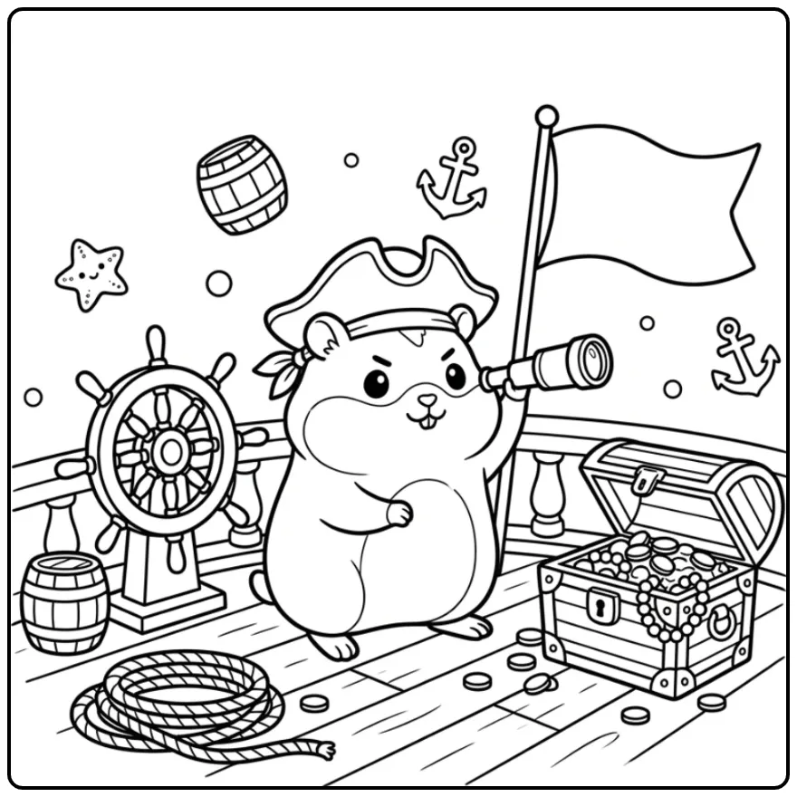 Schattige kleurplaat hamster piraat met verrekijker en schat.