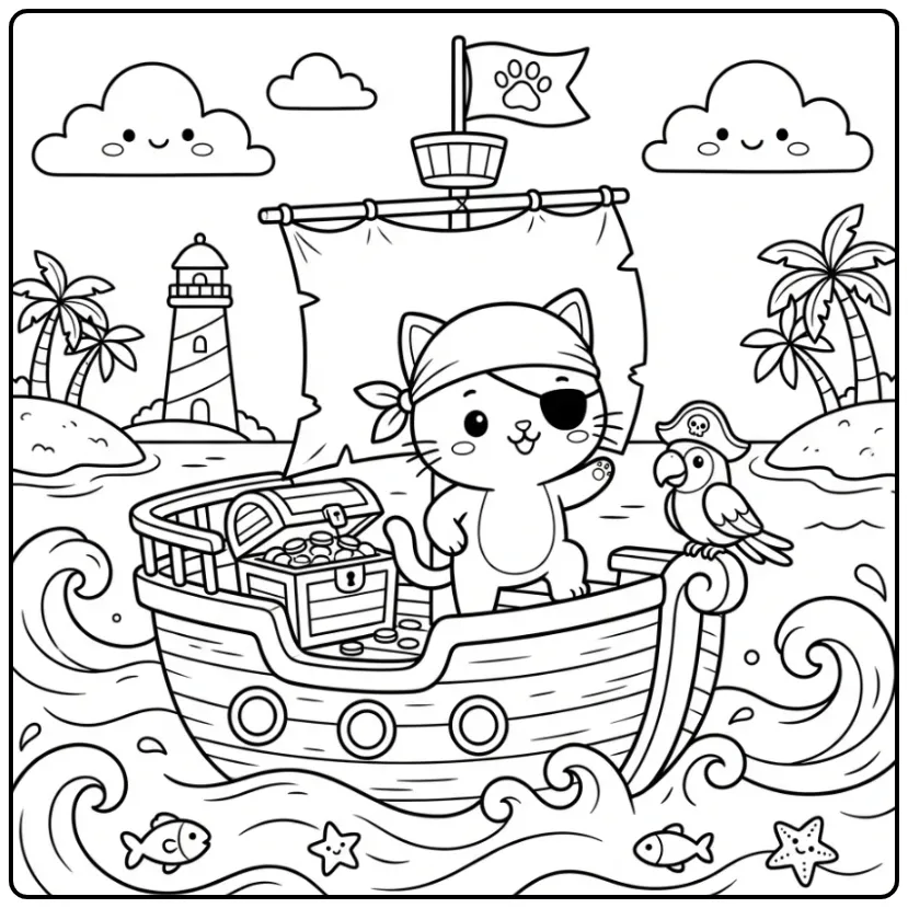 Avontuurlijke kleurplaat kitten piraat met schatkist.