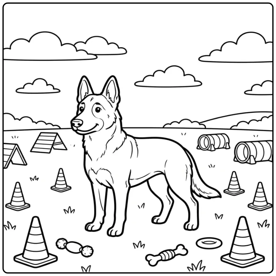 Schattige kleurplaat hond Mechelse Herder tussen de pionnen