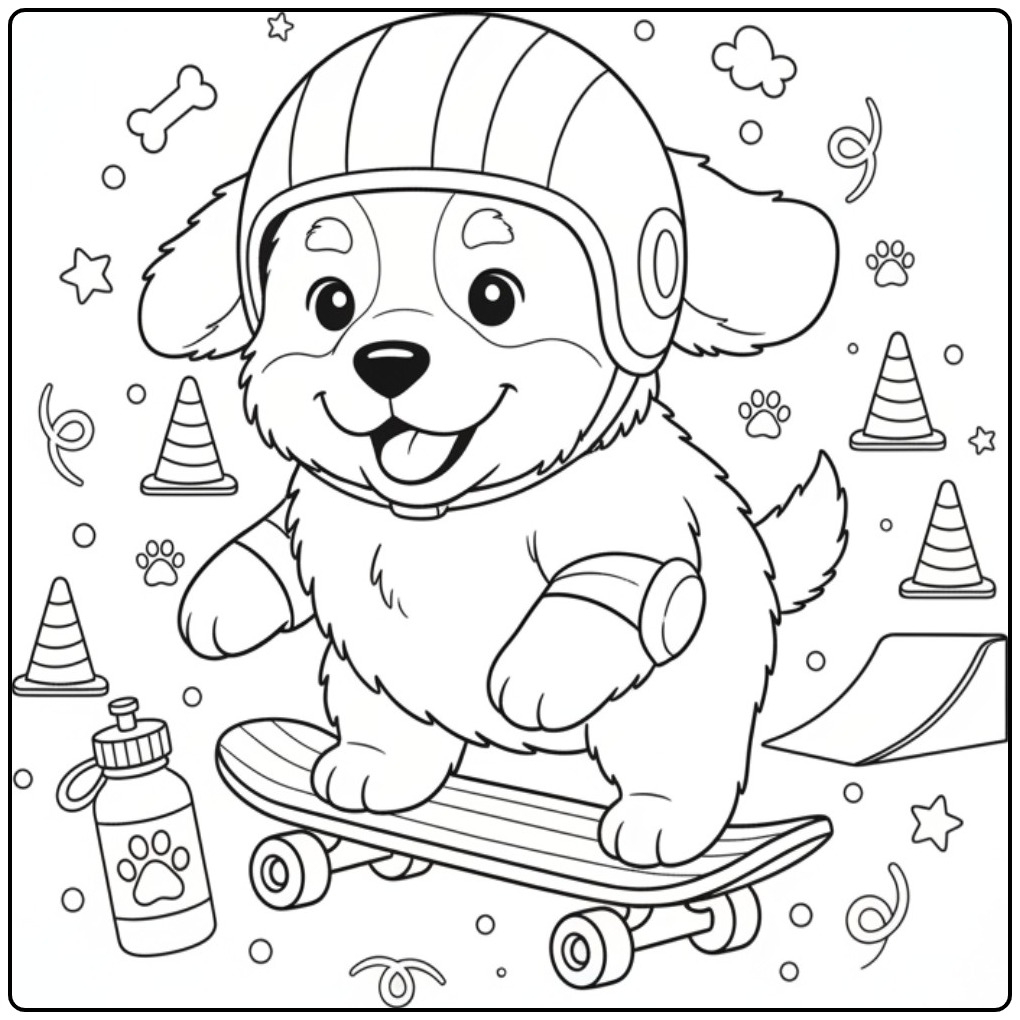 Een schattige kleurplaat berner sennenhond op een skateboard.