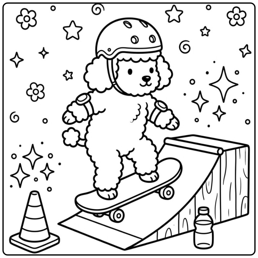 Een coole kleurplaat poedel op een skateboard met een helm.