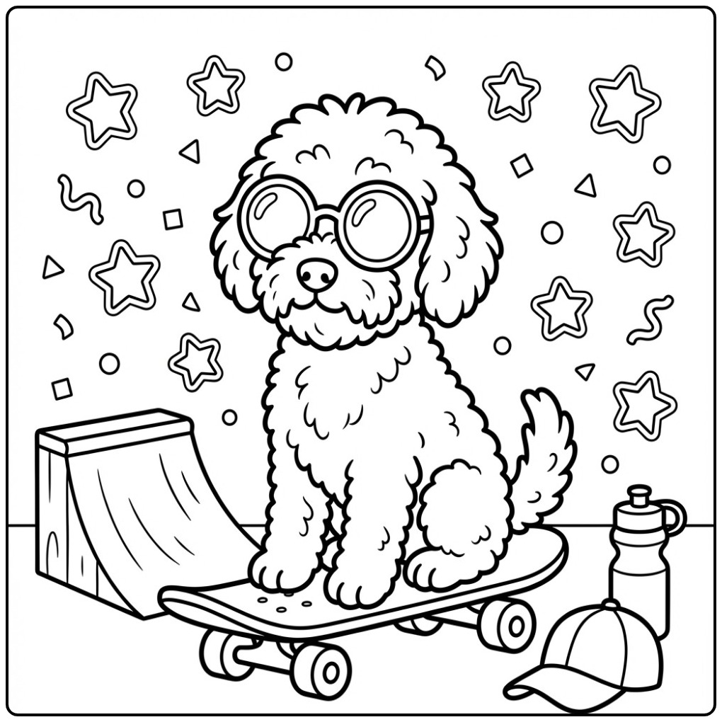 Een coole kleurplaat labradoodle op een skateboard met bril.